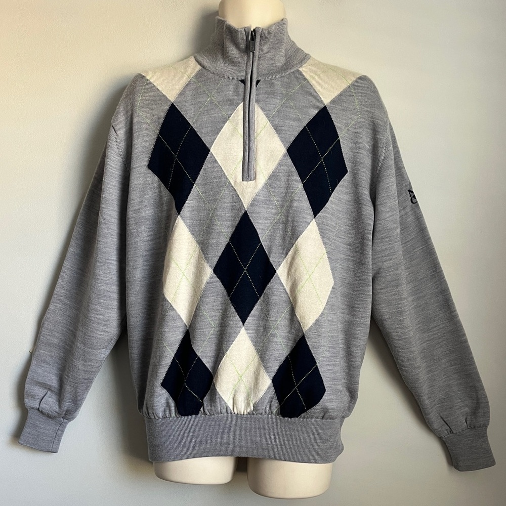 Footjoy Men’s Gray 100% Wool Argyle ¼ Zip High Neck Lined Golf Sweater Jacket M